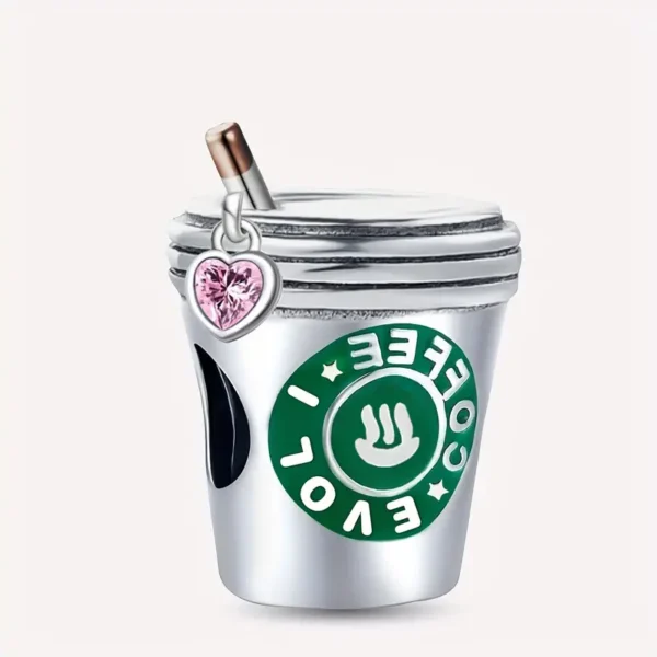 Charm „Coffee Lover“ – Versilberter Kaffeebecher mit Herzanhänger für Armbänder & Ketten