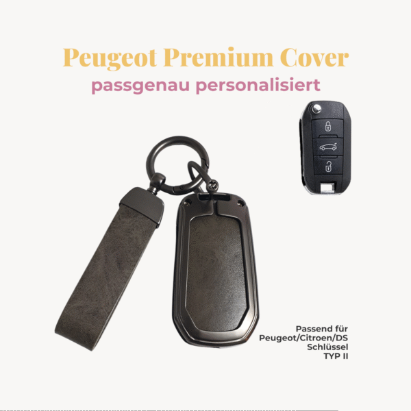 Peugeot CMZ43 Titel fertig PEUGEOT/CITROEN/DS Premium Autoschlüssel-Cover inkl. veganem Lederband, inkl. Personalisierung Typ II