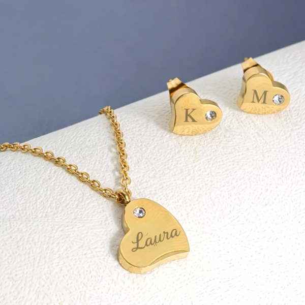 Personalisiertes Herz-Schmuckset – Halskette & Ohrringe mit Gravur, Edelstahl, goldfarben