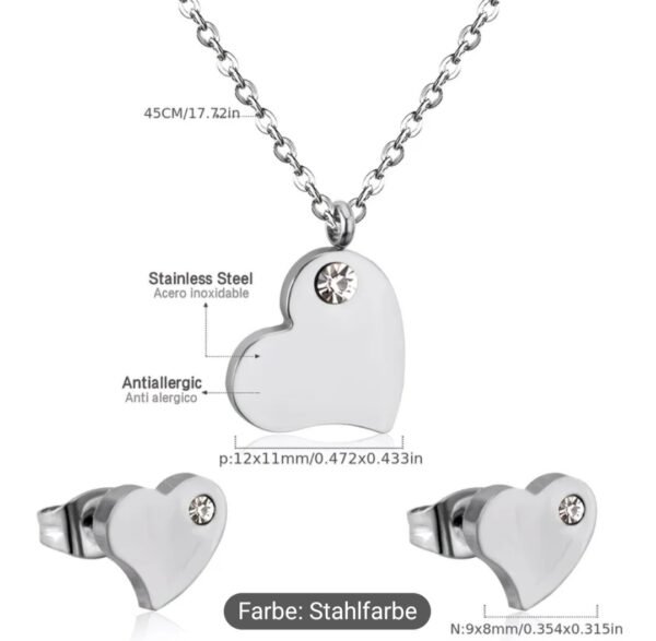Personalisiertes Herz-Schmuckset – Halskette & Ohrringe mit Gravur, Edelstahl, silberfarben