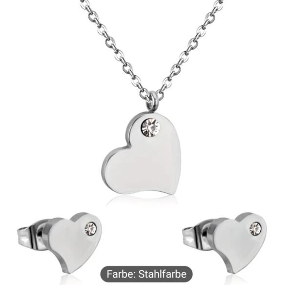 Personalisiertes Herz-Schmuckset – Halskette & Ohrringe mit Gravur, Edelstahl, silberfarben