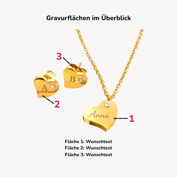 Personalisiertes Herz-Schmuckset – Halskette & Ohrringe mit Gravur, Edelstahl, goldfarben