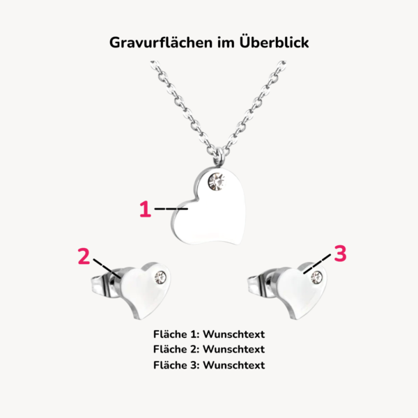 Personalisiertes Herz-Schmuckset – Halskette & Ohrringe mit Gravur, Edelstahl, silberfarben